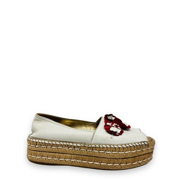 PRADA White Leather Floral Appliqued Peep Toe Platform Espadrilles Flats 38.5 - Picture 1 of 8